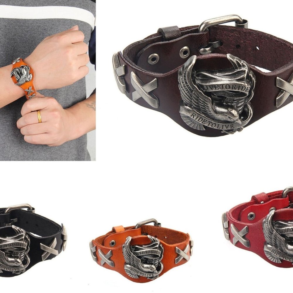 Harley Davidson HD Leather Wristband Orange Brown - Picture 4 of 6